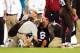 Oct 3, 2013; Cleveland, OH, USA; Cleveland Browns quarterback Brian Hoyer (6) is attended to by medical staff after being injured during the first quarter against the Buffalo Bills at FirstEnergy Stadium. Mandatory Credit: Andrew Weber-USA TODAY Sports