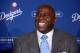 Dec 11, 2012; Los Angeles, CA, USA; Los Angeles Dodgers co-owner Magic Johnson at a press conference to announce the signing of Zack Greinke (not pictured) at Dodger Stadium. Mandatory Credit: Kirby Lee/Image of Sport-USA TODAY Sports