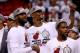 MIAMI, FL - MAY 30: LeBron James #6 and Chris Bosh #1 and Toney Douglas #0 of the Miami Heat celebrate after defeating the Indiana Pacers in Game Six of the Eastern Conference Finals of the 2014 NBA Playoffs at American Airlines Arena on May 30, 2014 in