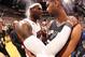 MIAMI, FL - JUNE 20: LeBron James #6 of the Miami Heat with Tim Duncan #21 of the San Antonio Spurs at the end of Game Seven of the 2013 NBA Finals on June 20, 2013 at American Airlines Arena in Miami, Florida. NOTE TO USER: User expressly acknowledges an