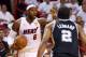 MIAMI, FL - JUNE 20: LeBron James #6 of the Miami Heat calls a play against Kawhi Leonard #2 of the San Antonio Spurs in the first quarter during Game Seven of the 2013 NBA Finals at AmericanAirlines Arena on June 20, 2013 in Miami, Florida. NOTE TO USER