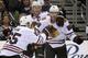 LOS ANGELES, CA - MAY 30: Patrick Kane #88 of the Chicago Blackhawks celebrates with teammates Andrew Shaw #65 and Jonathan Toews #19 of the Chicago Blackhawks after Kane scores a second period goal against the Los Angeles Kings in Game Six of the Wester