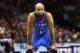 SAN ANTONIO, TX - MAY 19: Derek Fisher #6 of the Oklahoma City Thunder looks on in the first half while taking on the San Antonio Spurs in Game One of the Western Conference Finals during the 2014 NBA Playoffs at AT&T Center on May 19, 2014 in San Antoni