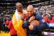 LOS ANGELES, CA - MARCH 29: Derek Fisher #37 of the Oklahoma City Thunder is greeted by Kobe Bryant #24 of the Los Angeles Lakers at Staples Center on March 29, 2012 in Los Angeles, California. NOTE TO USER: User expressly acknowledges and agrees that, b