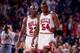CHICAGO - MAY 19: Michael Jordan #23 comforts teammate Horace Grant #54 of the Chicago Bulls during Game One of the Eastern Conference Finals against the Cleveland Cavaliers played on May 19, 1992 at Chicago Stadium in Chicago, Illinois. NOTE TO USER: U