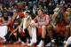 LOS ANGELES, CA - NOVEMBER 04: (R-L) Dwight Howard #12, Omer Asik #3, Jeremy Lin #7, Chandler Parsons #25 and James Harden #13 of the Houston Rockets react from the bench during a 137-118 loss to the Los Angeles Clippers at Staples Center on November 4,