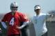 May 16, Alameda, CA, USA; Oakland Raiders quarterback Derek Carr (4) and offensive coordinator Greg Olson at rookie minicamp at the Raiders practice facility. Mandatory Credit: Kirby Lee-USA TODAY Sports