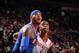 HOUSTON, TX - JANUARY 3: Carmelo Anthony #7 of the New York Knicks and Terrence Jones #6 of the Houston Rockets battle for the rebound on January 3, 2014 at the Toyota Center in Houston, Texas. NOTE TO USER: User expressly acknowledges and agrees that, b