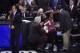 Jun 5, 2014; San Antonio, TX, USA; Miami Heat forward LeBron James (6) reacts on the bench after an injury in the fourth quarter against the San Antonio Spurs in game one of the 2014 NBA Finals at AT&T Center. The Spurs beat the Heat 110-95. Mandatory Cr