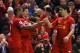 LIVERPOOL, ENGLAND - MARCH 26: Steven Gerrard of Liverpool celebrates scoring the first goal with team-mate Luis Suarez (R) during the Barclays Premier League match between Liverpool and Sunderland at Anfield on March 26, 2014 in Liverpool, England. (Ph