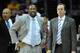 Mar 30, 2014; Cleveland, OH, USA; Cleveland Cavaliers head coach Mike Brown (center) stands with assistants Bernie Bickerstaff (left) and Jim Boylan during a game against the Indiana Pacers at Quicken Loans Arena. Cleveland won 90-76. Mandatory Credit: Da