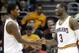 October 23, 2012; Cleveland, OH USA: Cleveland Cavaliers point guard Kyrie Irving (2) and guard Dion Waiters shake hands during a preseason game against the Indiana Pacers at Quicken Loans Arena. Mandatory Credit: Eric P. Mull-USPRESSWIRE