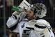 NEW YORK, NY - JUNE 09: Jonathan Quick #32 of the Los Angeles Kings squirts water on his face during the second period of Game Three of the 2014 NHL Stanley Cup Final against the New York Rangers at Madison Square Garden on June 9, 2014 in New York, New