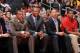 LOS ANGELES, CA - OCTOBER 18: Doc Rivers (C) of the Los Angeles Clippers sits with (L-R) assistant coach Kevin Eastman, Alvin Gentry, Tyronn Lue, and head athletic trainer Jasen Powell during their game against the Portland Trail Blazers at Staples Center