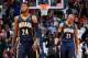 ATLANTA, GA - APRIL 24: Paul George #24 and David West #21 of the Indiana Pacers react after their 98-85 loss to the Atlanta Hawks in Game 3 of the Eastern Conference Quarterfinals during the 2014 NBA Playoffs at Philips Arena on April 24, 2014 in Atlan