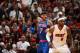 MIAMI, FL - APRIL 6: LeBron James #6 of the Miami Heat defends Carmelo Anthony #7 of the New York Knicks as he calls for the ball during a game on April 6, 2014 at American Airlines Arena in Miami, Florida. NOTE TO USER: User expressly acknowledges and a
