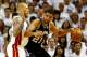 MIAMI, FL - JUNE 10: Tim Duncan #21 of the San Antonio Spurs backs down Chris Andersen #11 of the Miami Heat during Game Three of the 2014 NBA Finals at American Airlines Arena on June 10, 2014 in Miami, Florida. NOTE TO USER: User expressly acknowledges