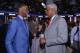 NEW YORK - MAY 20: Draft Prospect Andrew Wiggins chats with NBA Legend Julius Erving at a reception prior to the 2014 NBA Draft Lottery on May 20, 2014 at the ABC News' 'Good Morning America' Times Square Studio in New York City. NOTE TO USER: User expre