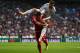 MADRID, SPAIN - APRIL 23: Sergio Ramos of Real Madrid climbs on Mario Mandzukic of Bayern Muenchen during the UEFA Champions League semi-final first leg match between Real Madrid and FC Bayern Muenchen at the Estadio Santiago Bernabeu on April 23, 2014 i