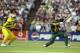 13 Jun 1999: Herschelle Gibbs of South Africa on his way to a century against Australia in the World Cup Super Six match at Headingley in Leeds, England. Australia won by 5 wickets to join South Africa in the semi-finals. \ Mandatory Credit: Graham Chadw