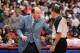 LOS ANGELES, CA - JANUARY 10: Head coach Mike Dunleavy of the Los Angeles Clippers talks with referee Joe Forte #45 during the game against the Miami Heat on January 10, 2010 at Staples Center in Los Angeles, California. The Clippers won 94-84. NOTE TO U