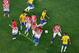 SAO PAULO, BRAZIL - JUNE 12: Brazil and Croatia react to a free kick after forming a wall on a temporary line sprayed on the field by the referee in the first half during the 2014 FIFA World Cup Brazil Group A match between Brazil and Croatia at Arena de
