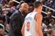 NEW YORK, NY - JANUARY 22: Head Coach Mike Woodson speaks to Pablo Prigioni #9 of the New York Knicks shoots against the Philadelphia 76ers during the game on January 22, 2014 at Madison Square Garden in New York City, New York. NOTE TO USER: User expres