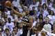 Jun 12, 2014; Miami, FL, USA; San Antonio Spurs forward Boris Diaw (33) keeps the ball away from Miami Heat guard Dwyane Wade (3) during the second quarter of game four of the 2014 NBA Finals at American Airlines Arena. Mandatory Credit: Bob Donnan-USA TO
