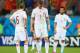 SALVADOR, BRAZIL - JUNE 13: (L - R) Andres Iniesta; Fernando Torres and Cesc Fabregas of Spain look dejected pduring the 2014 FIFA World Cup Brazil Group B match between Spain and Netherlands at Arena Fonte Nova on June 13, 2014 in Salvador, Brazil. (Ph