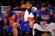 Mar 25, 2014; Los Angeles, CA, USA; New York Knicks players Raymond Felton, Tyspon Chandler and Carmelo Anthony on the bench during the final five minutes of the Knicks loss to the Los Angeles Lakers at Staples Center. Mandatory Credit: Robert Hanashiro-