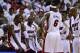 Jun 12, 2014; Miami, FL, USA; Miami Heat forward LeBron James (6) talks with center Chris Bosh (1), guard Dwyane Wade (3), guard Norris Cole (30) and guard Ray Allen (34) during the second quarter of game four of the 2014 NBA Finals against the San Anton