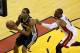 Jun 12, 2014; Miami, FL, USA; San Antonio Spurs forward Kawhi Leonard (2) shoots ahead of Miami Heat guard Dwyane Wade (3) during the fourth quarter of game four of the 2014 NBA Finals at American Airlines Arena. San Antonio defeated Miami 86-107. Mandato