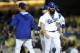 April 26, 2014; Los Angeles, CA, USA; Los Angeles Dodgers relief pitcher Brian Wilson (00) is relieved in the ninth inning at Dodger Stadium. Mandatory Credit: Gary Vasquez-USA TODAY Sports