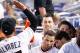 MIAMI, FL - JUNE 18: Giancarlo Stanton #27 of the Miami Marlins celebrates with teammates after hitting a home run during the first inning of the game against the Chicago Cubs at Marlins Park on June 18, 2014 in Miami, Florida. (Photo by Rob Foldy/Getty