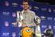 DALLAS, TX - FEBRUARY 07: Green Bay Packers quarterback Aaron Rodgers poses with the MVP trophy after speaking to the media during a press conference at Super Bowl XLV Media Center on February 7, 2011 in Dallas, Texas. (Photo by Streeter Lecka/Getty Ima