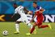 NATAL, BRAZIL - JUNE 16: John Boye of Ghana and Alejandro Bedoya of the United States battle for the ball during the 2014 FIFA World Cup Brazil Group G match between Ghana and the United States at Estadio das Dunas on June 16, 2014 in Natal, Brazil. (Ph