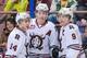 EDMONTON, AB - MARCH 16: (L to R) Rhyse Dieno #14, Haydn Fleury #4, and Conner Bleackley #9 of the Red Deer Rebels celebrate Fleury's goal against the Edmonton Oil Kings during a WHL game at Rexall Place on March 16, 2014 in Edmonton, Alberta, Canada. (Ph