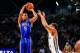 Feb 18, 2014; Atlanta, GA, USA; Duke Blue Devils forward Rodney Hood (5) shoots over Georgia Tech Yellow Jackets forward Quinton Stephens (12) in the second half at Hank McCamish Pavilion. Duke won 68-51. Mandatory Credit: Daniel Shirey-USA TODAY Sports