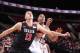 PORTLAND, OR - APRIL 12: Nikola Jokic #13 of the World Team boxes out against the USA Team on April 12, 2014 at the Moda Center Arena in Portland, Oregon. NOTE TO USER: User expressly acknowledges and agrees that, by downloading and or using this photogr