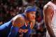 HOUSTON, TX - JANUARY 3: Carmelo Anthony #7 of the New York Knicks reacts to a play against the Houston Rockets on January 3, 2014 at the Toyota Center in Houston, Texas. NOTE TO USER: User expressly acknowledges and agrees that, by downloading and or us