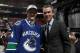 PHILADELPHIA, PA - JUNE 28: Thatcher Demko of the Vancouver Canucks meets with team President Trevor Linden after being drafted on Day Two of the 2014 NHL Draft at the Wells Fargo Center on June 28, 2014 in Philadelphia, Pennsylvania. (Photo by Bruce Be