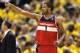 May 5, 2014; Indianapolis, IN, USA; Washington Wizards forward Trevor Ariza (1) points after scoring against the Indiana Pacers in game one of the second round of the 2014 NBA Playoffs at Bankers Life Fieldhouse. Washington defeats Indiana 102-96. Mandato
