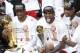 Jun 20, 2013; Miami, FL, USA; Miami Heat shooting guard Dwyane Wade (left), LeBron James (center) and Chris Bosh (right) celebrate after game seven in the 2013 NBA Finals at American Airlines Arena. Miami defeated the San Antonio Spurs 95-88 to win the NB