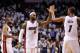 Apr 23, 2014; Miami, FL, USA; Miami Heat forward LeBron James (center) celebrates with center Chris Bosh (right) and guard Dwyane Wade (left) against the Charlotte Bobcats in game two during the first round of the 2014 NBA Playoffs at American Airlines Ar
