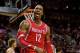 May 2, 2014; Portland, OR, USA; Houston Rockets center Dwight Howard (12) reacts after being fouled against the Portland Trail Blazers during the fourth quarter in game six of the first round of the 2014 NBA Playoffs at the Moda Center. Mandatory Credit: