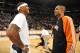 DENVER - DECEMBER 12: Carmelo Anthony #15 of the Denver Nuggets talks with Grant Hill #33 of the Phoenix Suns prior to the game on December 12, 2009 at the Pepsi Center in Denver, Colorado. NOTE TO USER: User expressly acknowledges and agrees that, by dow