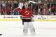 Apr 13, 2014; Newark, NJ, USA; New Jersey Devils goalie Martin Brodeur (30) is honored by fans after his 3-2 win over the Boston Bruins at Prudential Center. Mandatory Credit: Ed Mulholland-USA TODAY Sports