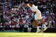 LONDON, ENGLAND - JULY 01: Nick Kyrgios of Australia serves during his Gentlemen's Singles fourth round match against Rafael Nadal of Spain on day eight of the Wimbledon Lawn Tennis Championships at the All England Lawn Tennis and Croquet Club on July 1,
