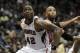 Feb 25, 2014; Atlanta, GA, USA; Atlanta Hawks power forward Elton Brand (42) and Chicago Bulls power forward Taj Gibson (22) fight for a rebound in the second quarter at Philips Arena. Mandatory Credit: Brett Davis-USA TODAY Sports