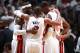 MIAMI, FL - MAY 8: LeBron James #6, Dwyane Wade #3, Chris Bosh #1 and teammates huddle during Game Two of the Eastern Conference Semifinals against the Brooklyn Nets in the 2014 NBA playoffs at American Airlines Arena in Miami, Florida on May 8, 2014. NO